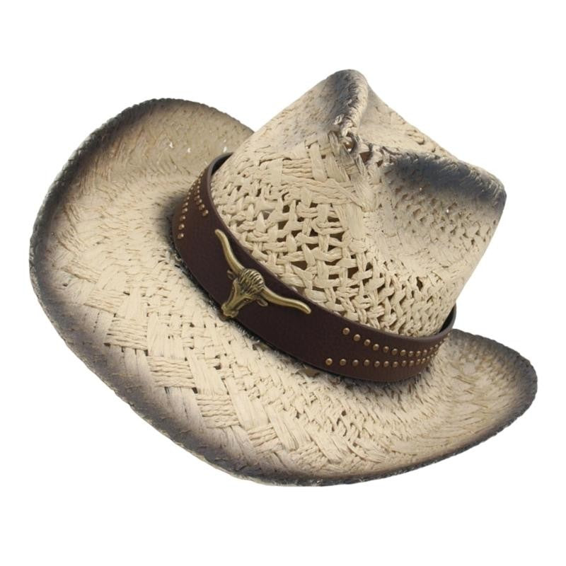 A52E Stylish Straw Cowboy Hats Multipurpose Western Headgear Comfortable Unisex Design For Festivals Daily Wear