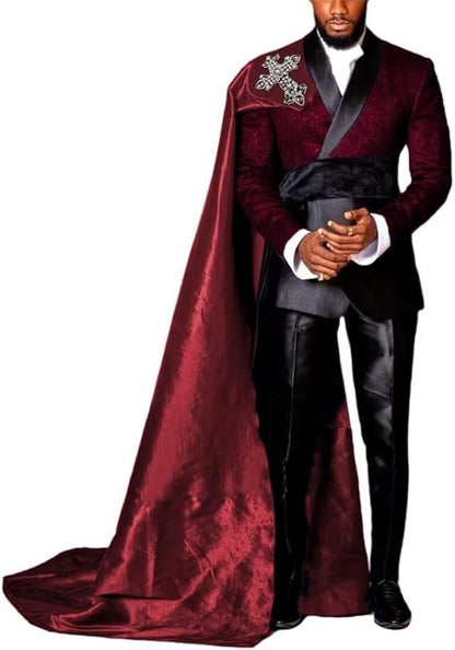 Customized Black Jacquard Shawl Lapel Jacket Pant Cape Groom Wedding Tuxedos Luxuly Male Prom Party Blazers Handsome Ropa Hombre