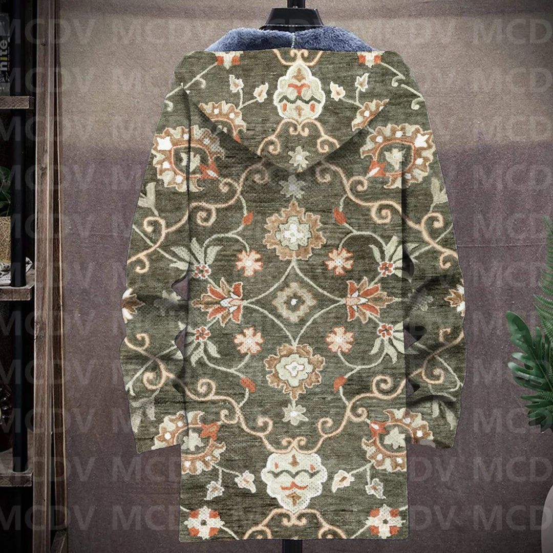Men's Retro Flower Print Plush Thick Long-Sleeved Coat Fleece Hooded Overcoat Unisex Thick Warm Jacket-12 style