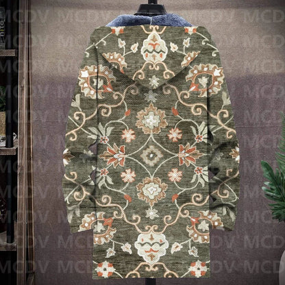 Men's Retro Flower Print Plush Thick Long-Sleeved Coat Fleece Hooded Overcoat Unisex Thick Warm Jacket-12 style