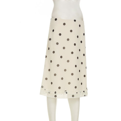 BIIKPIIK Casual Women Polka Dot Skirts Lettuce Trim Beige Elegant Midi Skirts St