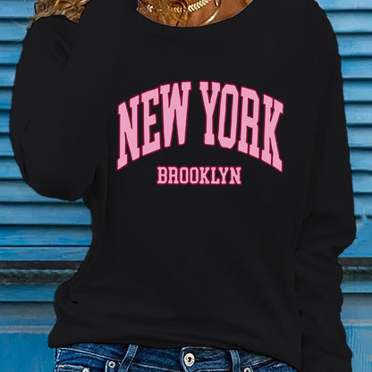 Women's autumn and winter 100% pure cotton fashionable casual Brooklyn New York printed loose round neck long sleeved T-shirt