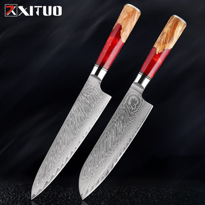 XITUO Conjunto de Facas de Cozinha de Aço Damasco de 1 a 9 Peças Inclui Faca do Chefe, Faca de Pão, Cutelo, Faca Santoku, Faca Nakiri para Desossar