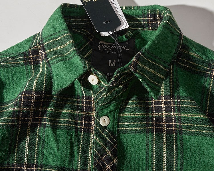 8112# Autumn New Japanese Retro Cargo Sueded Plaid Shirt Men's Fashion 100% Cotton Washed Old Pocket Long Sleeve Casual Blouses