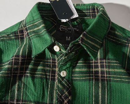 8112# Autumn New Japanese Retro Cargo Sueded Plaid Shirt Men's Fashion 100% Cotton Washed Old Pocket Long Sleeve Casual Blouses