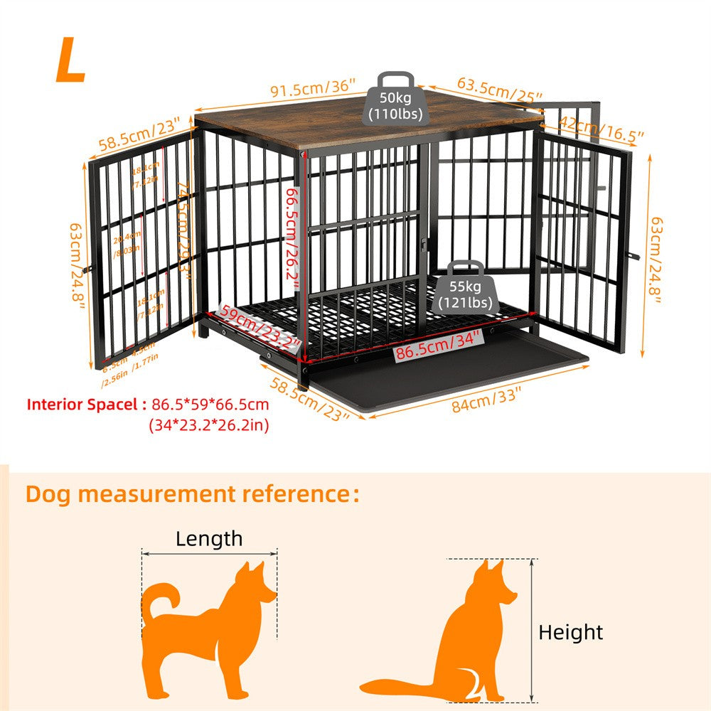 Caixa de Madeira Grande para Cães, Estilo Móvel Interno, Gaiola Elevada para Cães de Estimação, Canil, Mesa de Apoio, Cercado com Treliça, 3 Portas, Bandeja Removível