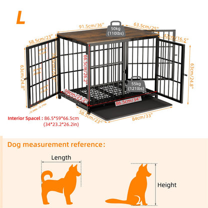 Caixa de Madeira Grande para Cães, Estilo Móvel Interno, Gaiola Elevada para Cães de Estimação, Canil, Mesa de Apoio, Cercado com Treliça, 3 Portas, Bandeja Removível