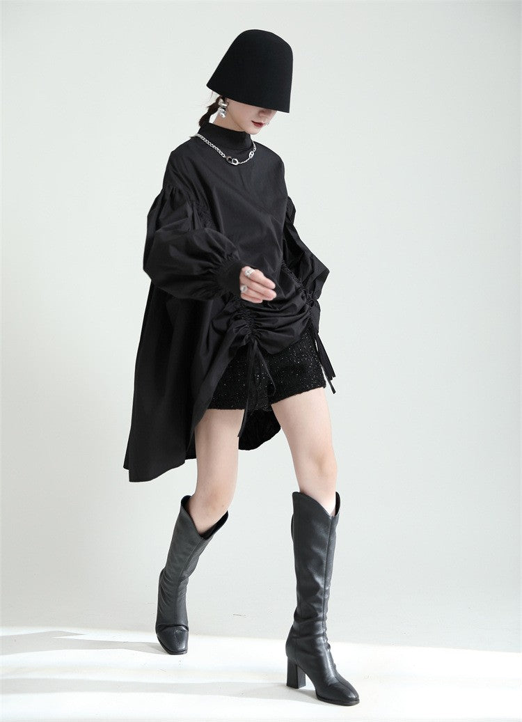 2025 Women Irregular Drawstring Big Size White Blouse New Stand Collar Long Sleeve Shirt Fashion Tide Spring Autumn