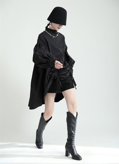 2025 Women Irregular Drawstring Big Size White Blouse New Stand Collar Long Sleeve Shirt Fashion Tide Spring Autumn