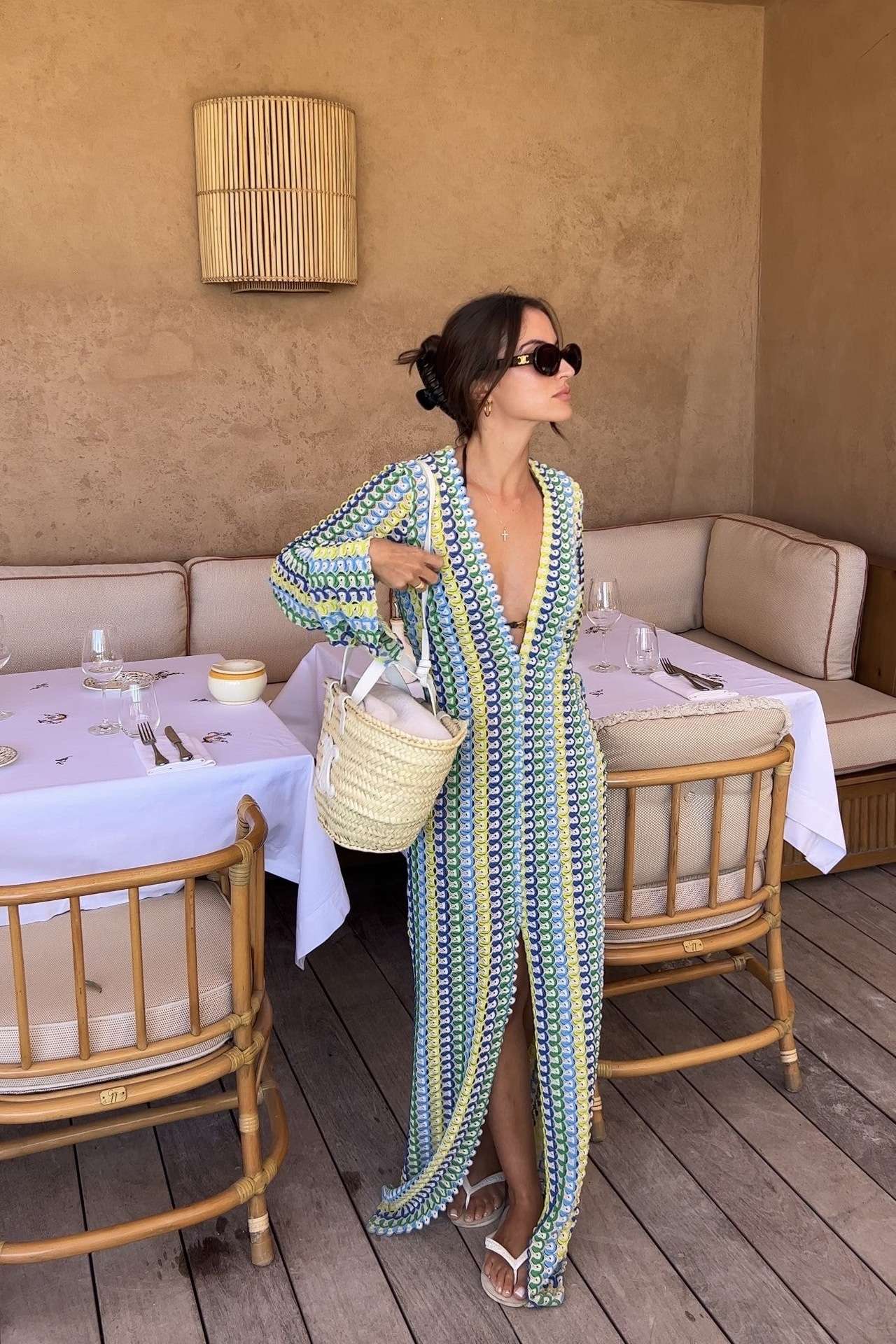 Crochet Colorful Stripe Maxi Dress Women Flare Sleeve V-neck High Split Sexy Lon