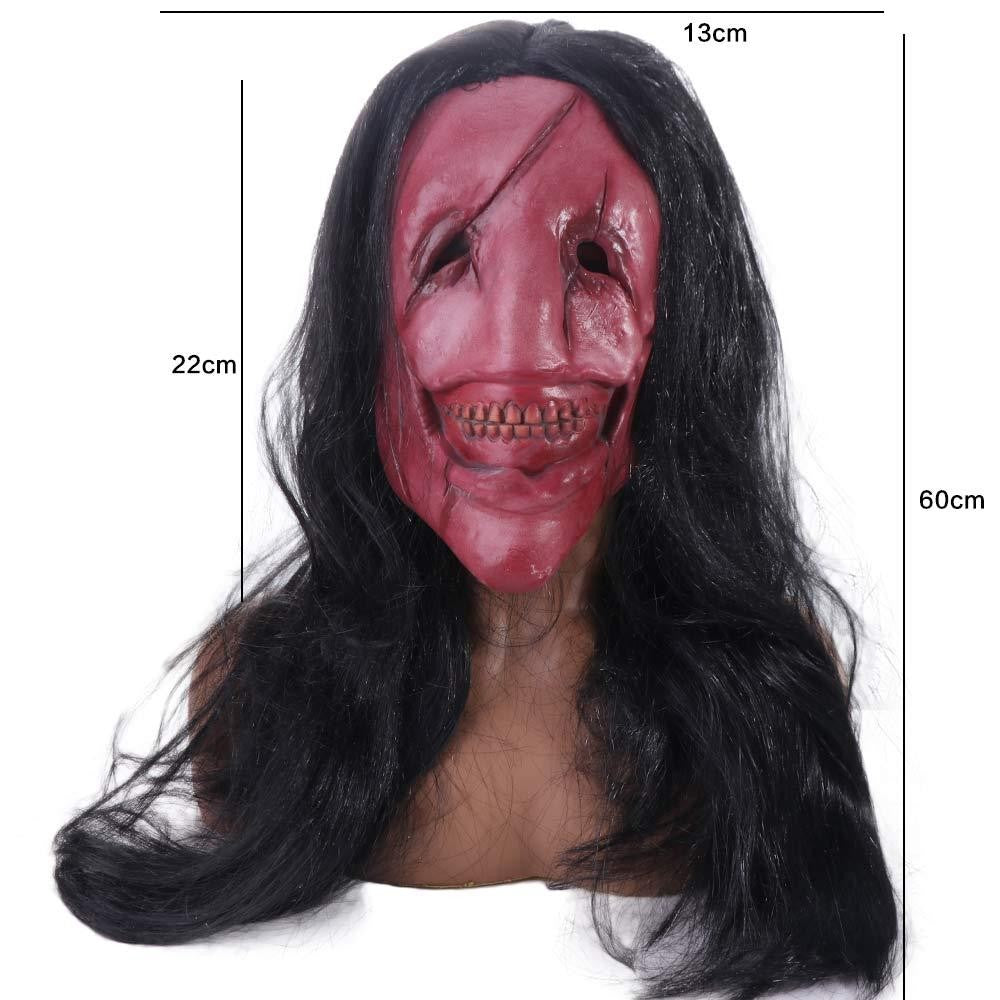 Scary Long Hair Red Face Devil Mask Exposed Teeth Latex Headgear Wig Horror Face Masks Creativity Spooky Scary Demon Mask
