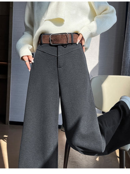 Grey Woolen Wide-leg Suit Pants Women 2025fall Winter New High-waisted Draping Straight-leg Casual Floor-length Thick Trouser