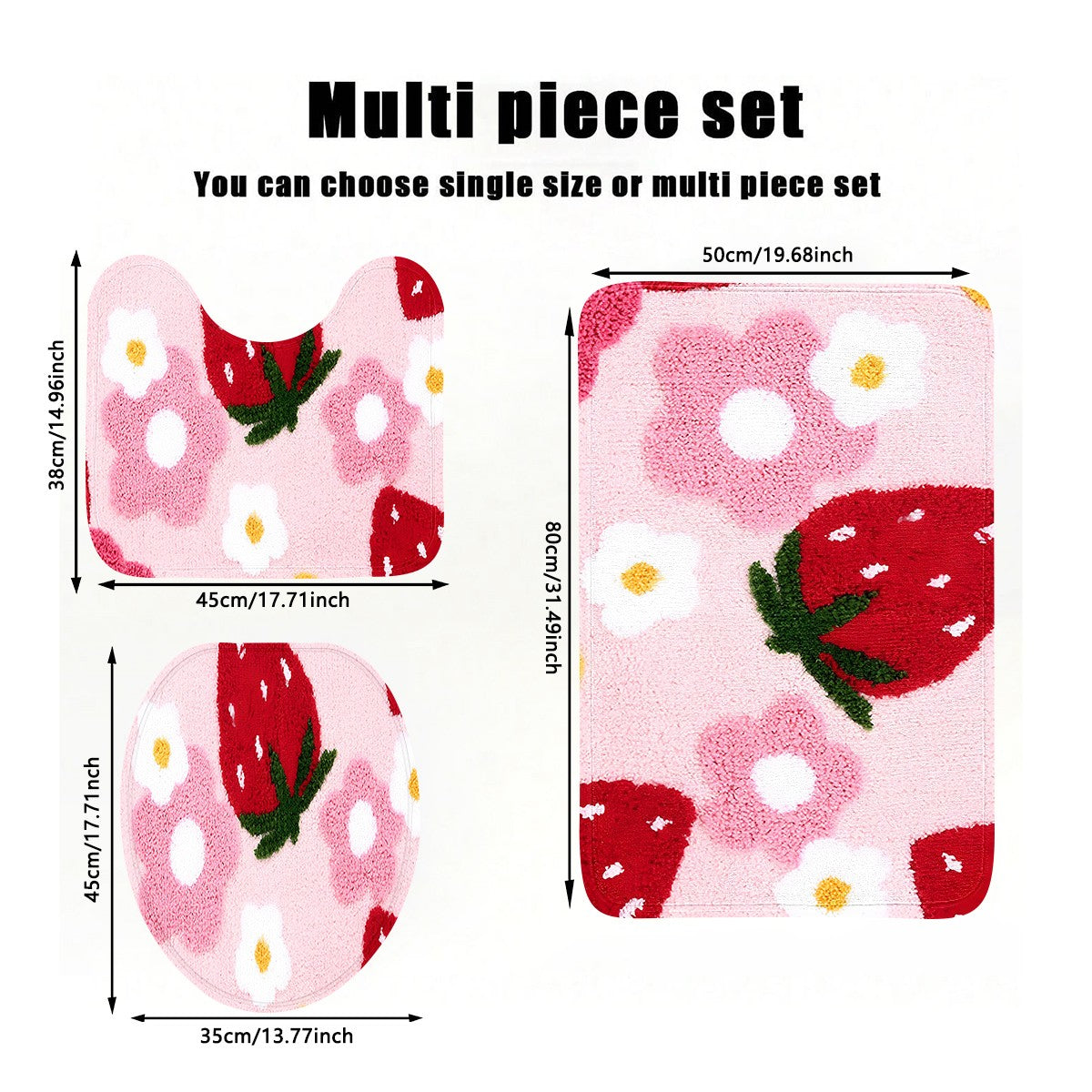 A comfortable three piece set with strawberry pattern can be purchased individually or set together for bathroom carpets