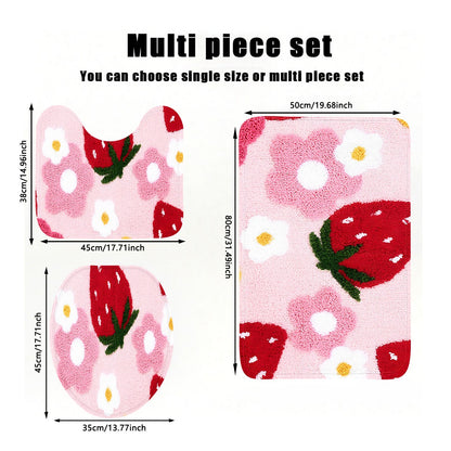 A comfortable three piece set with strawberry pattern can be purchased individually or set together for bathroom carpets
