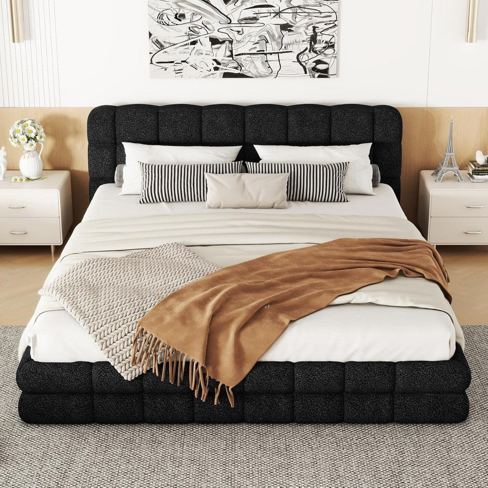 Grounded Bed Upholstered Platform Bed with Unique Design Thick Fabric Headboard, Wood Platform Bed Frame for Kids Adults Bedroom