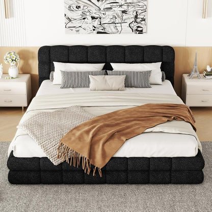 Grounded Bed Upholstered Platform Bed with Unique Design Thick Fabric Headboard, Wood Platform Bed Frame for Kids Adults Bedroom