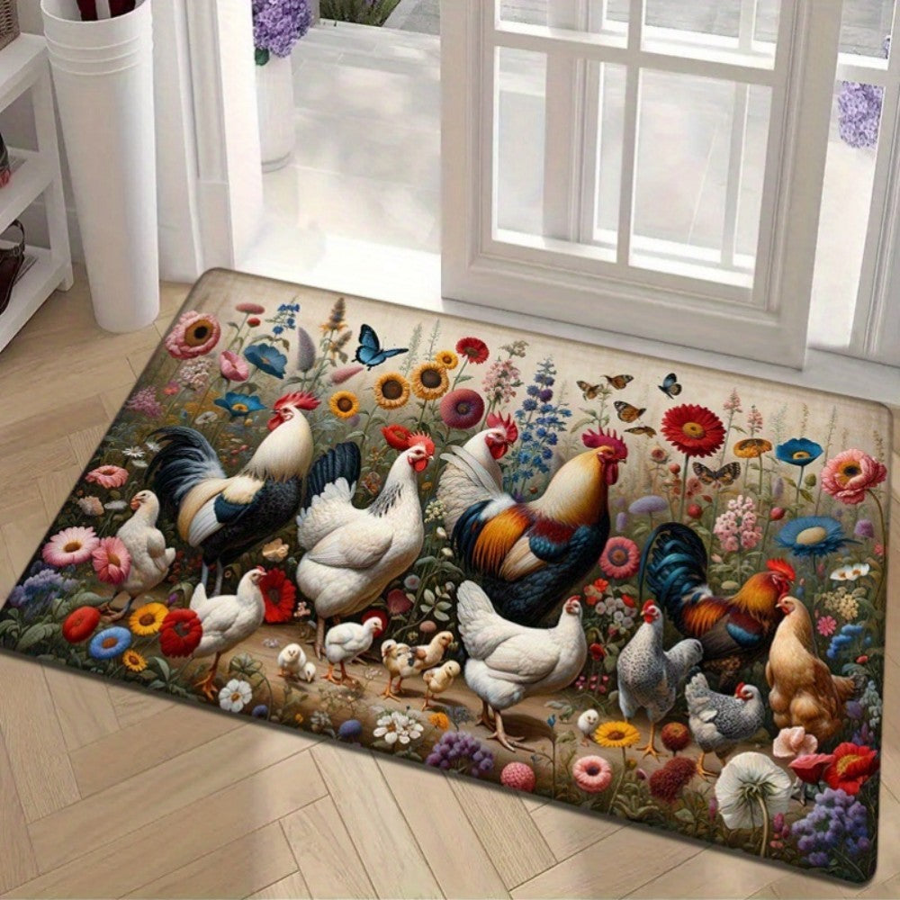 VIKAMA Rooster Floral Print Non-Slip Flannel Doormat Machine Washable Rug Suitable for Kitchen, Bathroom, Living Room, Bedroom