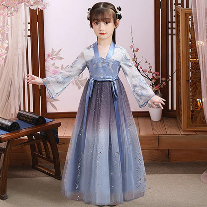 Fashion Girls Dresses Casual Outfit Long Sleeve Hanfu Girl Summer Children Clothes Princess Dress Baby Vestido Kids Tang Costume