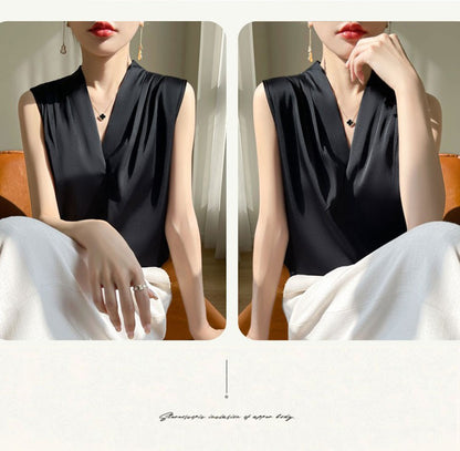 Womens Tops Blouses Solid Color White Satin Blouse Office Shirt Blusas Sleeveless Women Shirts Black White Female YTM A31