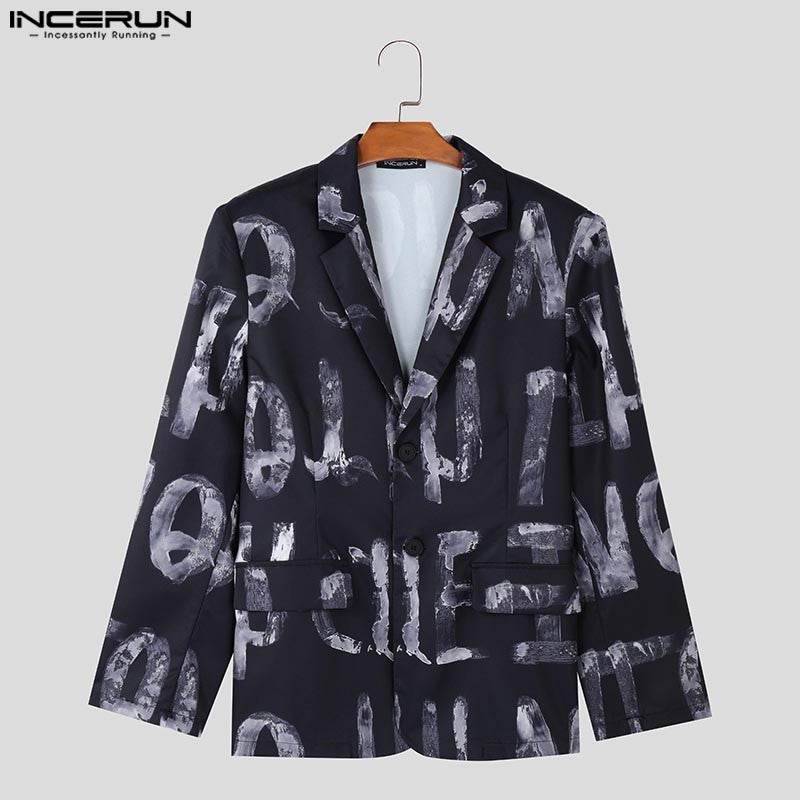 Fashion Casual Style Tops INCERUN Handsome Men's Art Hand-painted Letter Suit Coat Streetwear Male All-match Long Sleeved Blazer