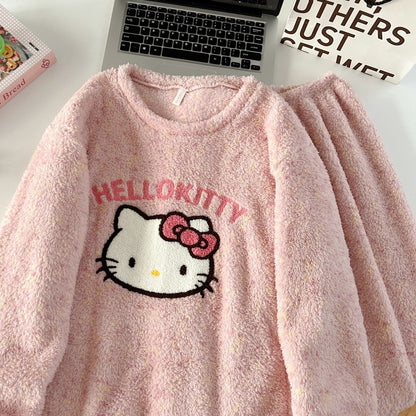 Thickened Warm Women‘s Sleepwear Cartoon HelloKitty Women's Pajamas Set Winter New Cute Fashion Two Sets Nightwear Loungewear