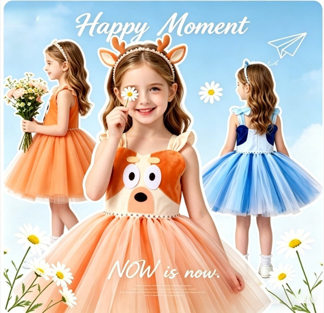 Animal Cosplay Costume Dog Print Tutu Dress Halloween Dog Role Play Outfit for Birthday Party Carnival Stage Themed Performance