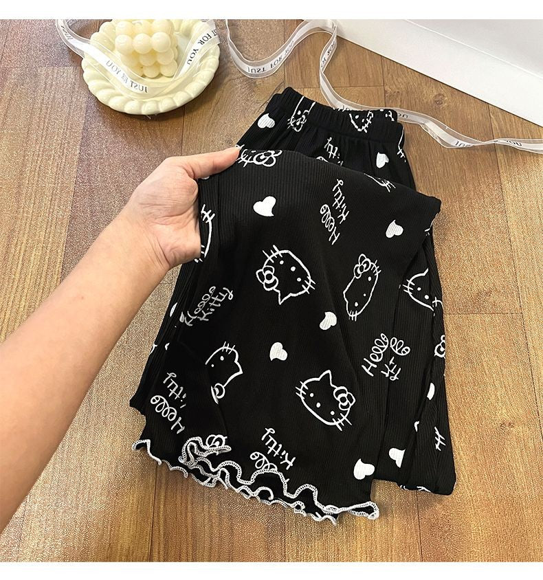 New Women Hello Kitty Pajamas Set Long Sleeve V-Neck Cardigan and Pants Cute Cartoon Homewear Sleepwear Loungewear Spring Autumn