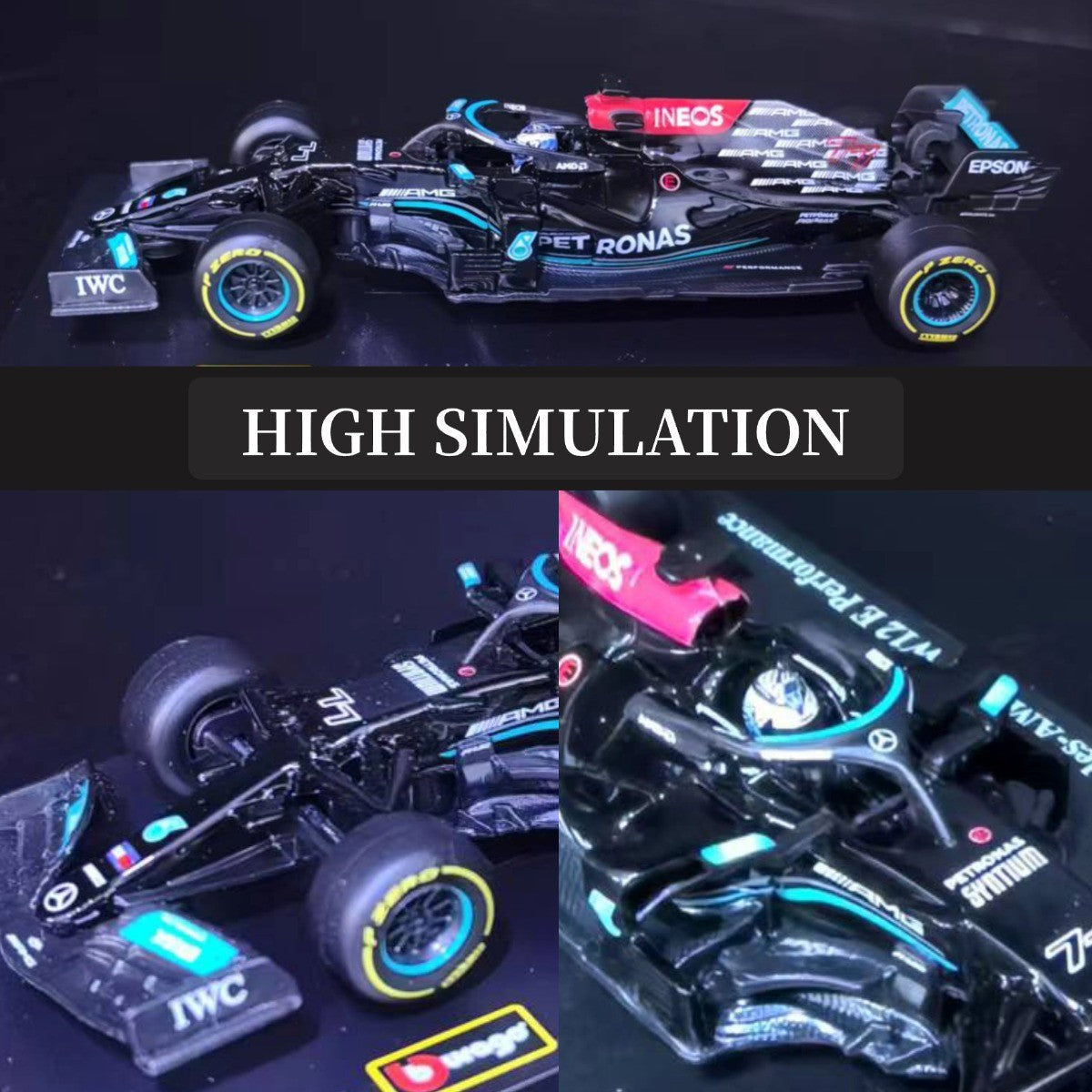 Bburago Mercedes W12 #77 Bottas F1 Car Model with Showcase, 1:43 Scale Formula 1 Racing Miniature Collectible Figure Toy