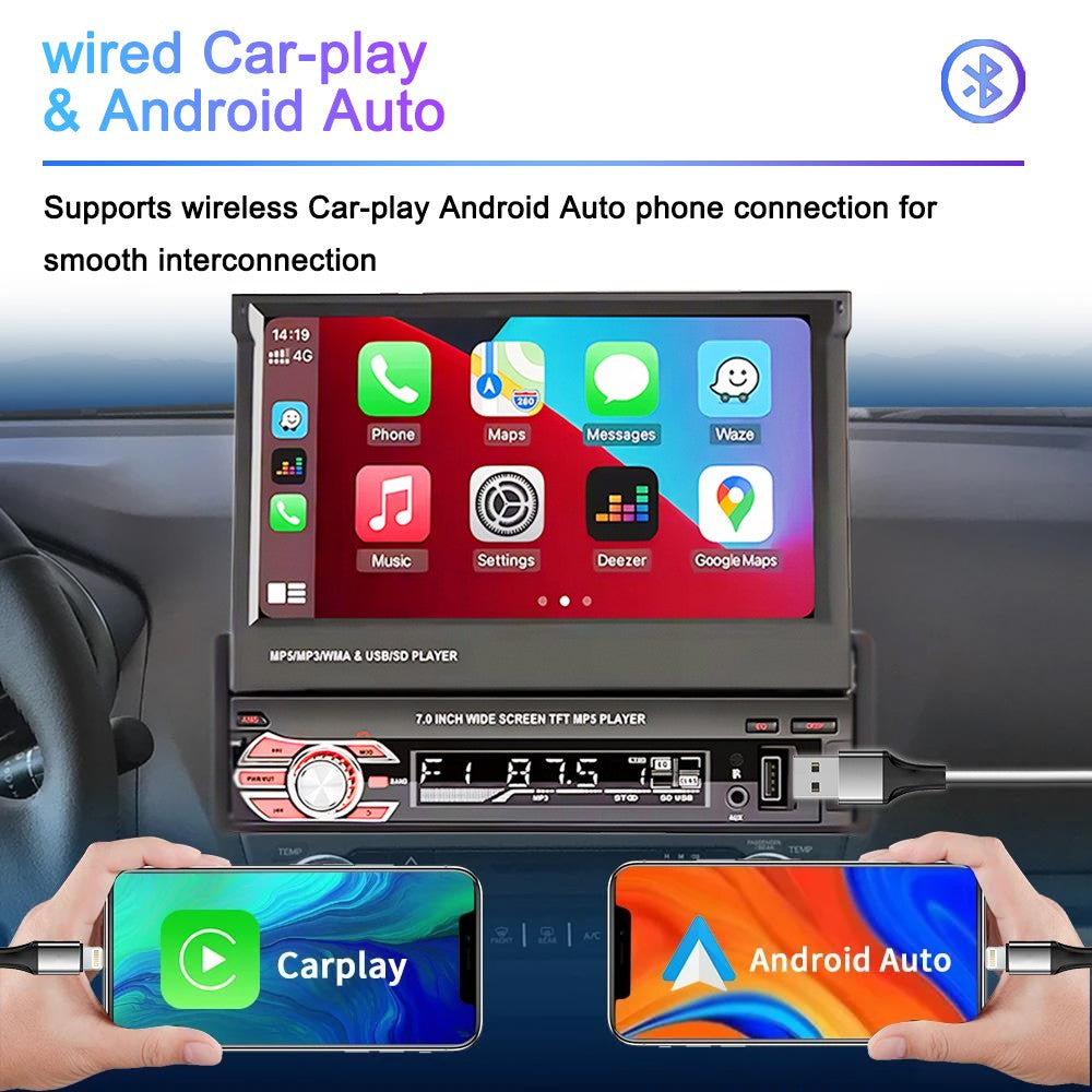 LEHX 1 Din 7inch IPS Retractable Screen Car Radio  Multimedia Player Universal Audio Video Wired CarPlay Android Auto
