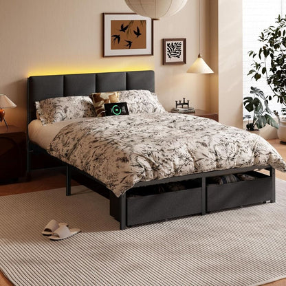 Estrutura de Cama de Casal Furnulem com Cabeceira, Cama de Casal Estofada com Luz LED, Estação de Carregamento USB, Base de Cama