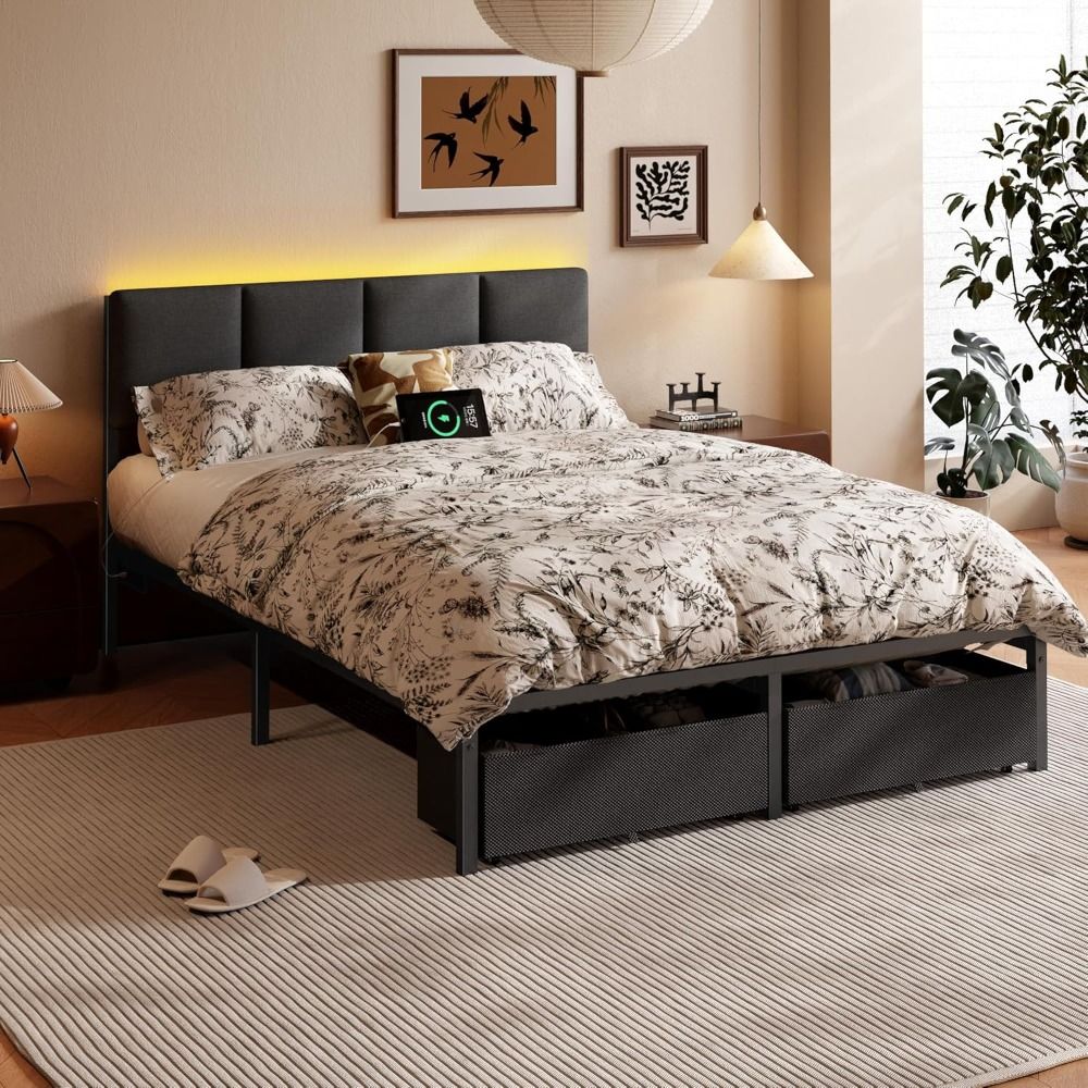 Furnulem Full Size Bed Frame with Headboard,Upholstered Bed Full with LED Light,USB Charging Station,Platform Bedframe