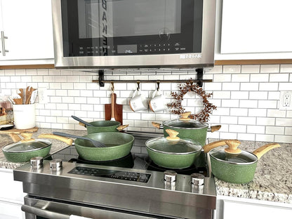 Conjunto de Panelas e Frigideiras Antiaderentes, 12 Peças em Granito Verde Compatíveis com Indução, Conjunto de Panelas para