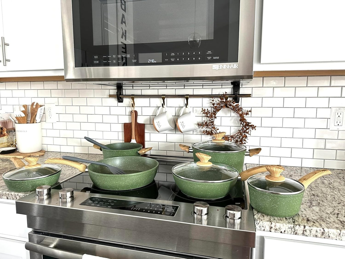 Conjunto de Panelas e Frigideiras Antiaderentes, 12 Peças em Granito Verde Compatíveis com Indução, Conjunto de Panelas para