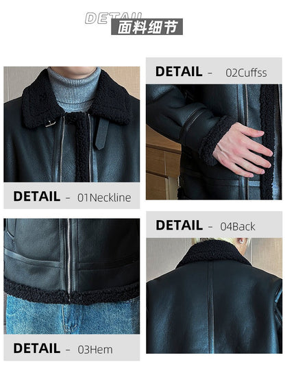 Autumn and winter warm thick leather jacket for men's trendy slim fit lapel motorcycle suit men's leather jacket