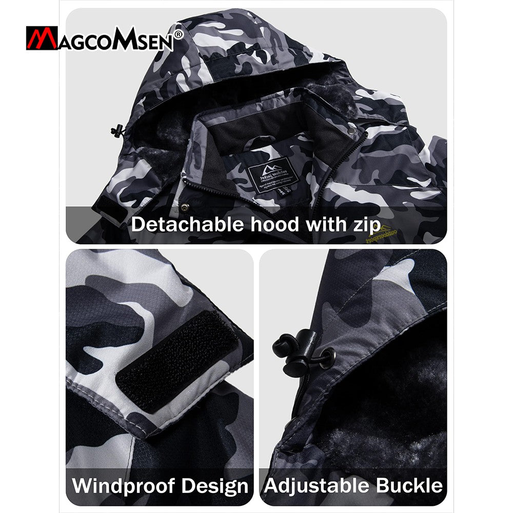 MAGCOMSEN Fleece Ski Jacket Men's Hooded Waterproof Thermal Thick Warm Camo Parka Removable Hooded Coats Winter Snowboard Anorak
