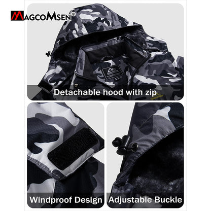 MAGCOMSEN Fleece Ski Jacket Men's Hooded Waterproof Thermal Thick Warm Camo Parka Removable Hooded Coats Winter Snowboard Anorak