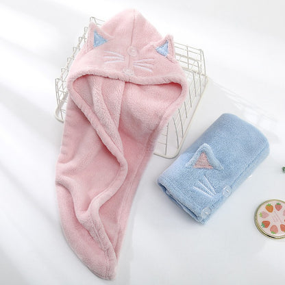 Cute Cat Hair Cap Microfiber Hair Towel Long Hair Quick Dry Hat Bath Towel Strong Water Absorbent Women Wrap Wiping Hair Towel