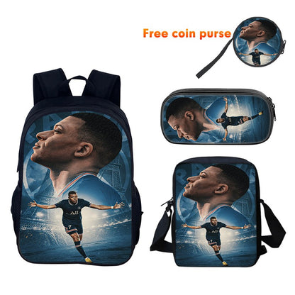 M-Mbappe Conjunto de 3 Peças Bolsa Escolar Mochila Esportiva de Futebol com Bolsas de Ombro Estojo para Canetas Mochila Escolar Jogador Estrela para Melhor Presente