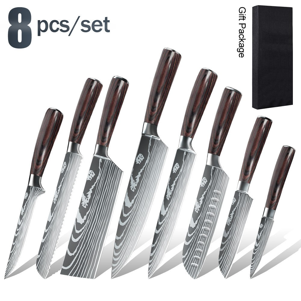 MDHAND Conjunto de Facas de Chef com Padrão de Damasco a Laser de 1 a 10 peças, Fatiador de Carne em Aço Inoxidável, Cutelo com Cabo de Madeira Antiderrapante, Coleção