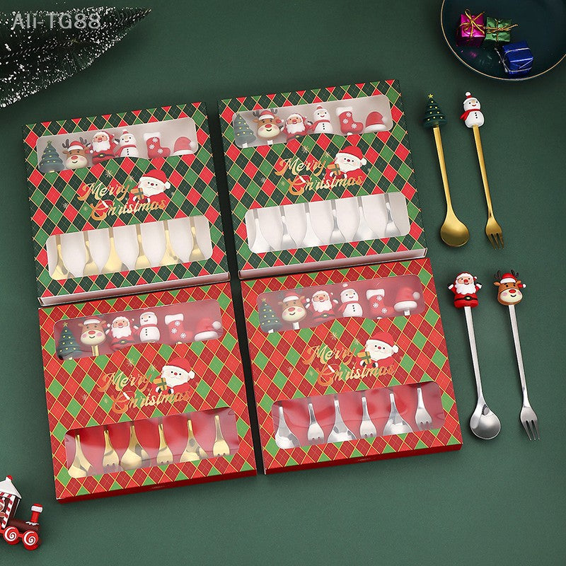 Stainless Steel Christmas Fork And Spoon Set with Gift Box for Coffee Tea Dessert Tableware