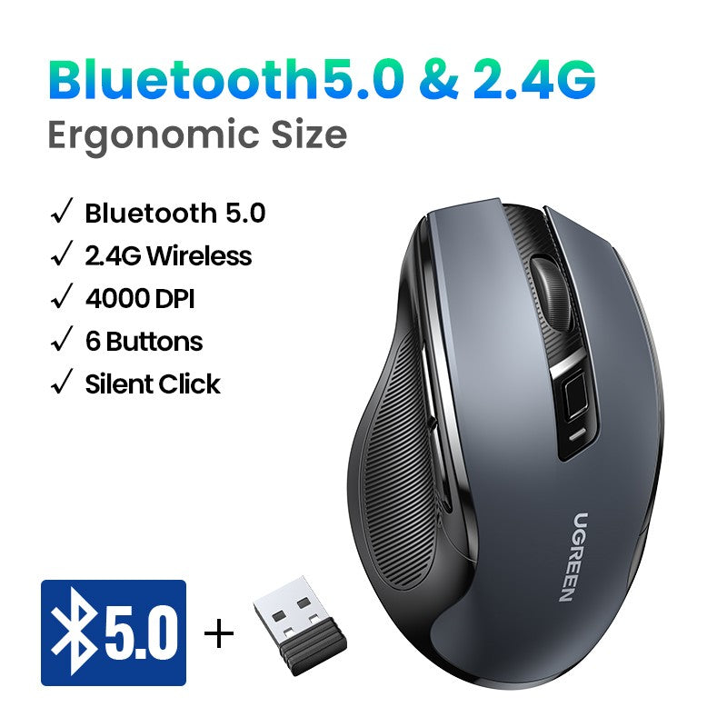 Mouse sem fio UGREEN Bluetooth 5.0 Mouse ergonômico 4000DPI 6 botões silenciosos Mouse para MacBook Tablet Laptops Computador PC 2.4G