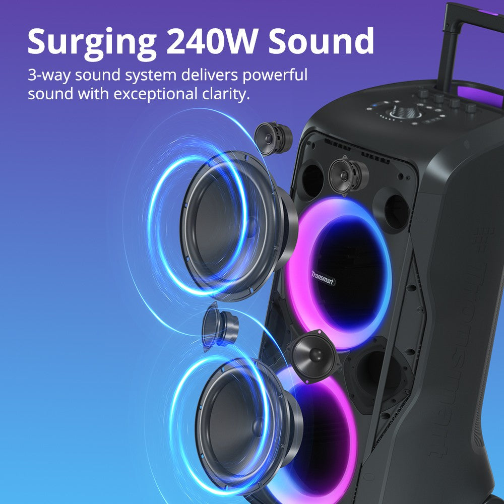Caixa de Som para Festa Tronsmart Halo 300 240W com Entrada para Guitarra/Microfone/XLR, TWS, 20H de Reprodução, Rodas e Alavanca Oculta, para Festas