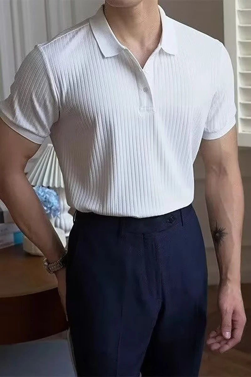 New Vertical Stripe Knit Polo Men's Shirts Summer Slim Solid Color Breathable Turn-Down Collar Business Short Sleeve Polo Tops