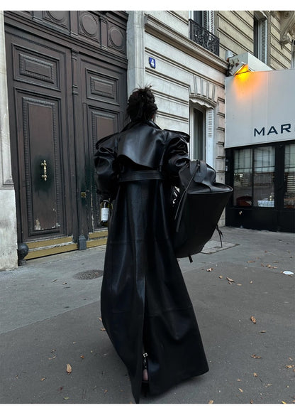 Lautaro Spring Autumn Extra Long Black Pu Leather Trench Coat for Women with Back High Slit Luxury Chic European Fashion 2024