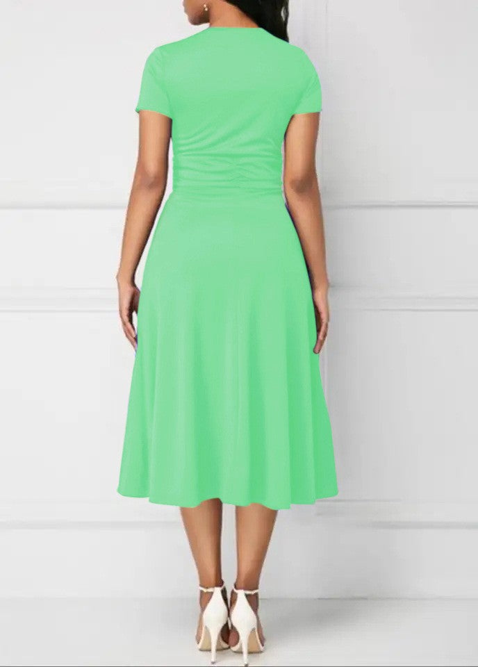 Summer Dresses Elegant Women Solid Color Short Sleeve V Neck Asymmetric Hem Wais