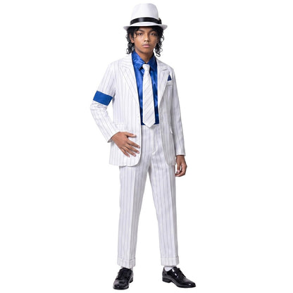 Kids Michael Jackson Cosplay Costume Boys White Striped MJ Suit Tap Dance Outfit Halloween Party Stage Performance Dance Costume