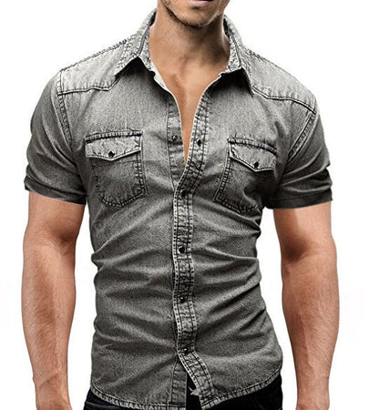 Men Summer Denim Thin Shirt Short Sleeve Soft Cotton Two Pockets Slim Slight Elastic Jeans Cowboy Shirt Clothing 2025