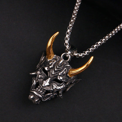 Gold Color Horn Ghost Mask Pendant Necklace For Men Retro Style Stainless Steel Neck Chain Silver Color Jewelry Halloween Gift