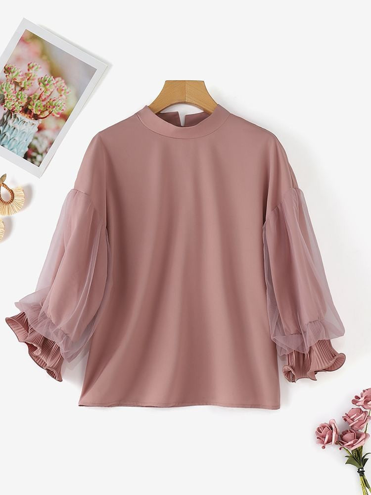 ZANZEA Women Elegant Party Blouse Chic Mesh Ruffle 3/4 Sleeve Tops 2025 Autumn Designer Stand Collar Shirts Korean Loose Tunics