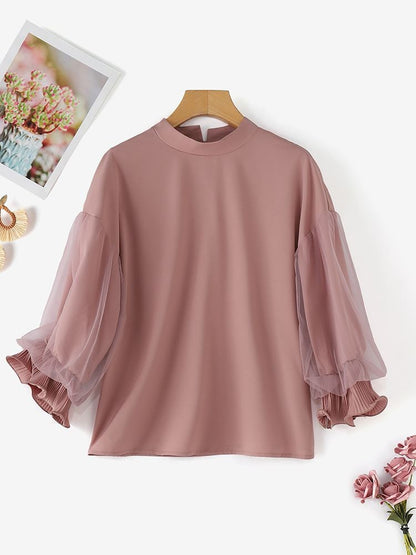 ZANZEA Women Elegant Party Blouse Chic Mesh Ruffle 3/4 Sleeve Tops 2025 Autumn Designer Stand Collar Shirts Korean Loose Tunics